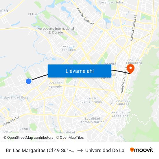 Br. Las Margaritas (Cl 49 Sur - Kr 90a) to Universidad De La Salle map
