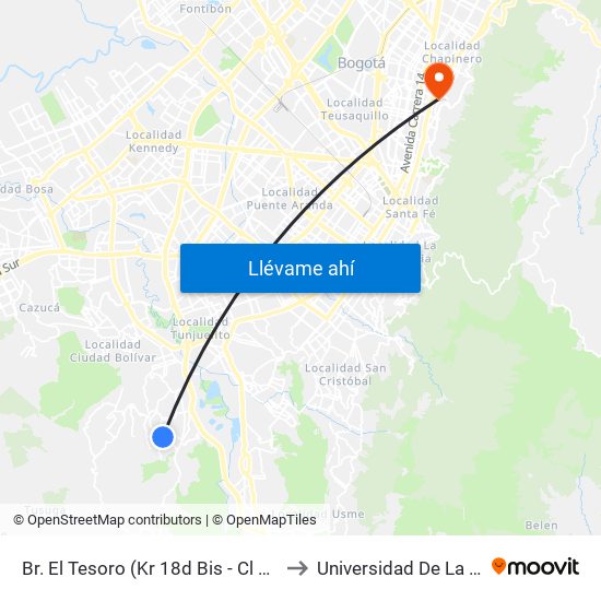 Br. El Tesoro (Kr 18d Bis - Cl 79 Sur) to Universidad De La Salle map