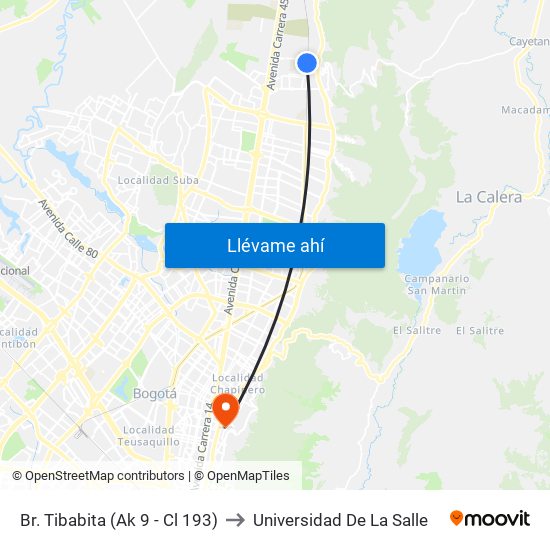 Br. Tibabita (Ak 9 - Cl 193) to Universidad De La Salle map