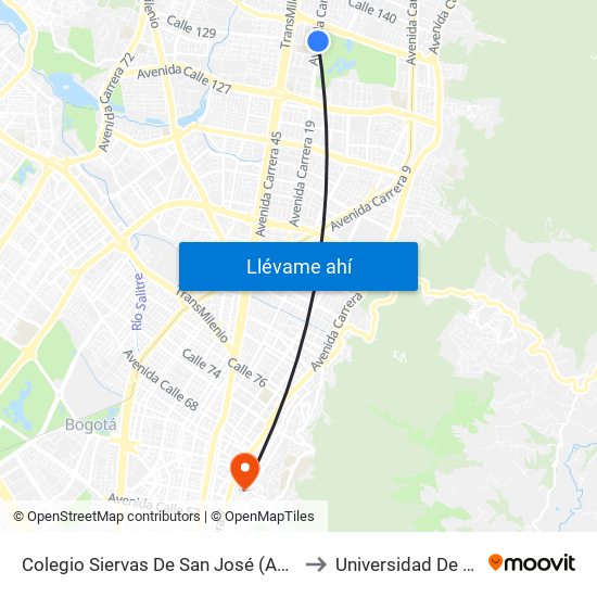 Colegio Siervas De San José (Ak 19 - Cl 131) to Universidad De La Salle map