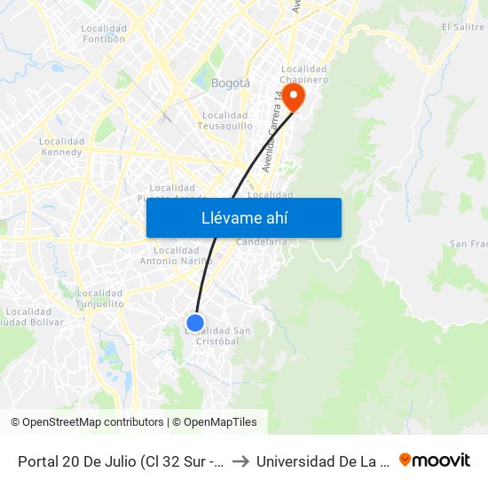 Portal 20 De Julio (Cl 32 Sur - Kr 3f) to Universidad De La Salle map