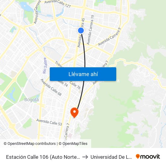 Estación Calle 106 (Auto Norte - Cl 105) to Universidad De La Salle map