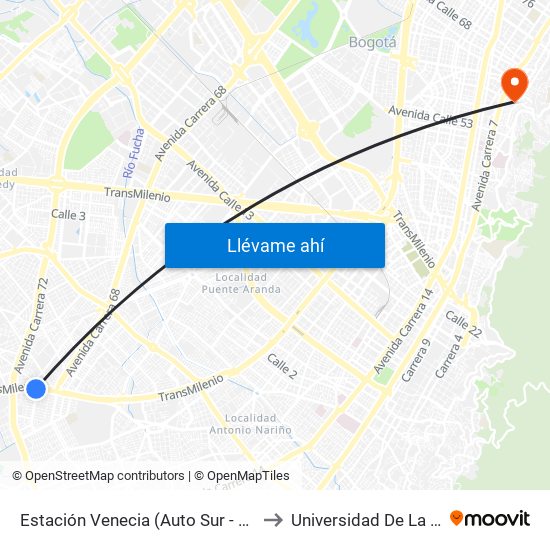 Estación Venecia (Auto Sur - Kr 54a) to Universidad De La Salle map