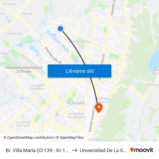 Br. Villa María (Cl 139 - Kr 114) to Universidad De La Salle map