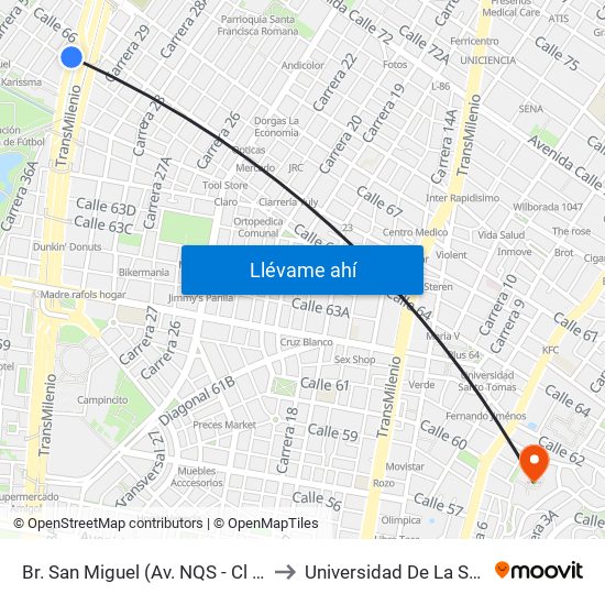 Br. San Miguel (Av. NQS - Cl 65) to Universidad De La Salle map