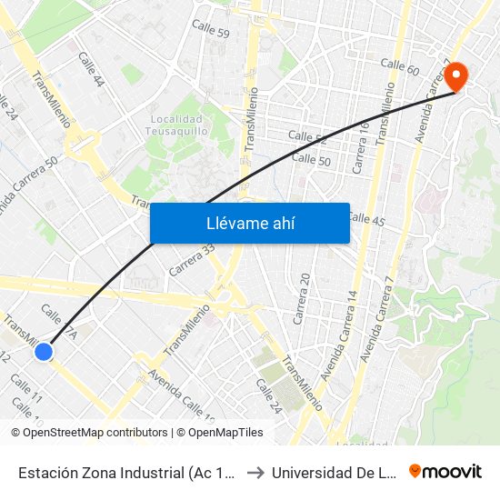 Estación Zona Industrial (Ac 13 - Kr 38) to Universidad De La Salle map