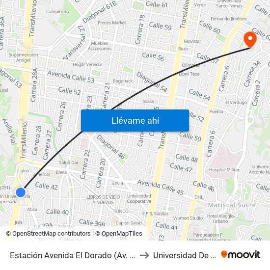 Estación Avenida El Dorado (Av. NQS - Cl 40a) to Universidad De La Salle map