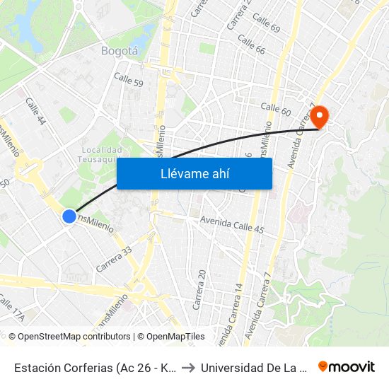 Estación Corferias (Ac 26 - Kr 40) to Universidad De La Salle map