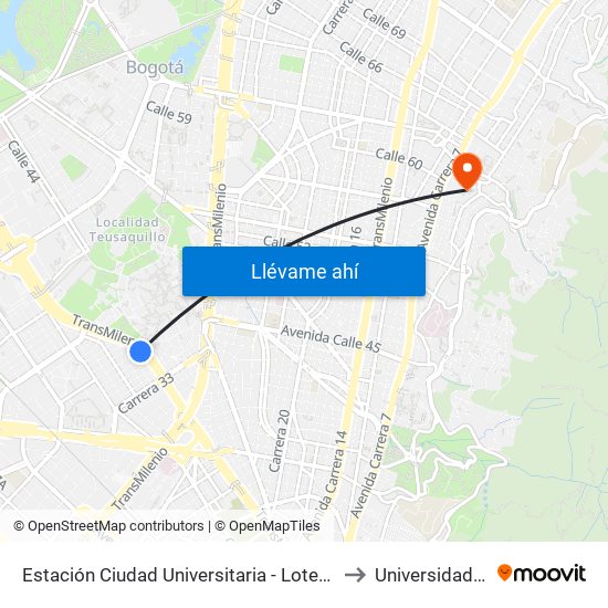Estación Ciudad Universitaria - Lotería De Bogotá (Ac 26 - Kr 36) to Universidad De La Salle map