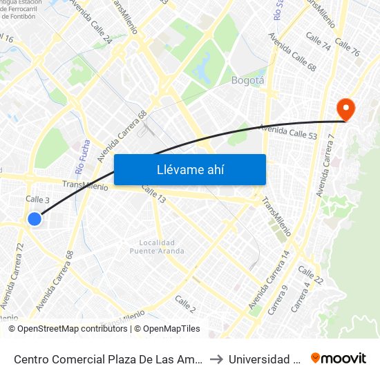 Centro Comercial Plaza De Las Américas (Cl 3 Sur - Kr 71) to Universidad De La Salle map