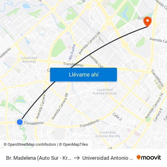 Br. Madelena (Auto Sur - Kr 64 Bis) to Universidad Antonio Nariño map