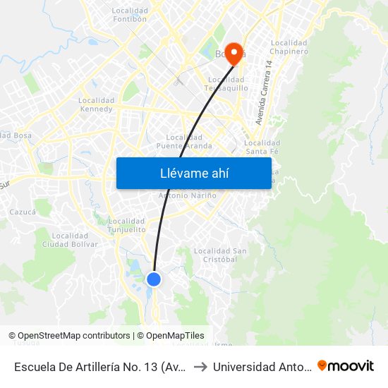 Escuela De Artillería No. 13 (Av. Caracas - Tv 5d) to Universidad Antonio Nariño map