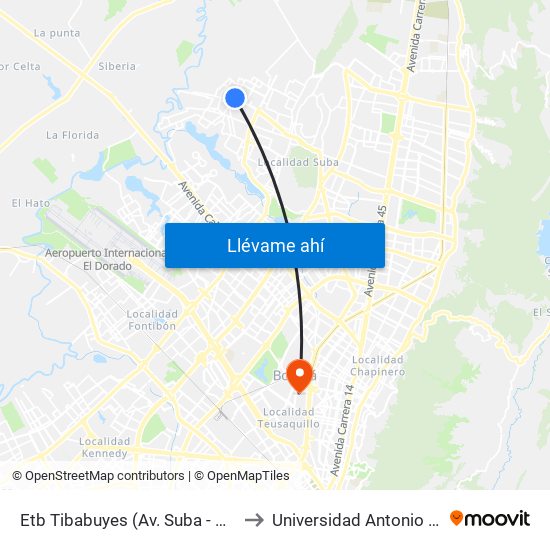 Etb Tibabuyes (Av. Suba - Kr 114g) to Universidad Antonio Nariño map
