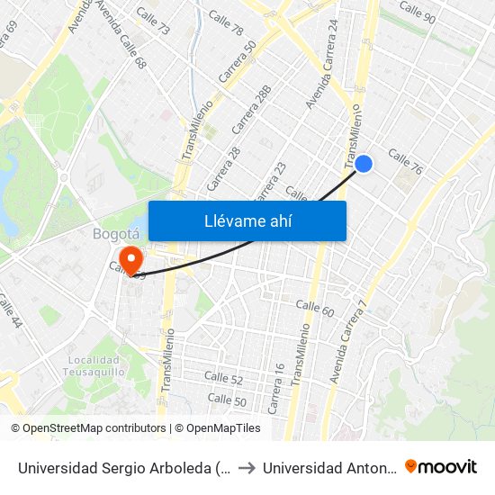 Universidad Sergio Arboleda (Cl 74 - Kr 13) to Universidad Antonio Nariño map