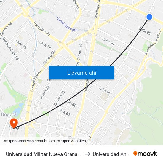 Universidad Militar Nueva Granada (Ac 100 - Kr 10) (B) to Universidad Antonio Nariño map