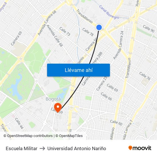 Escuela Militar to Universidad Antonio Nariño map