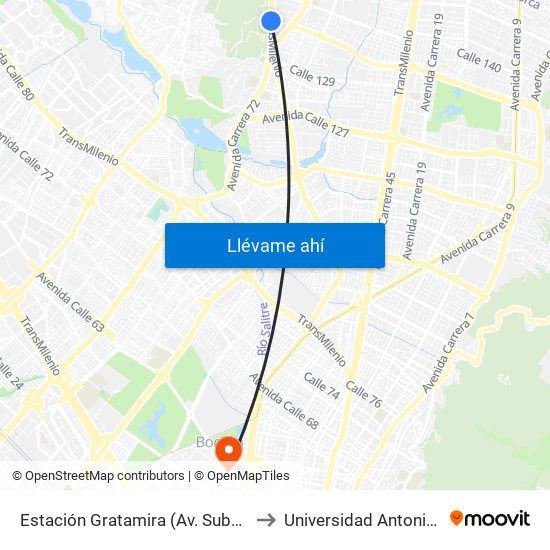 Estación Gratamira (Av. Suba - Cl 132a) to Universidad Antonio Nariño map