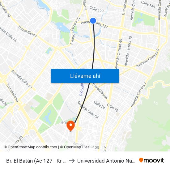 Br. El Batán (Ac 127 - Kr 57) to Universidad Antonio Nariño map