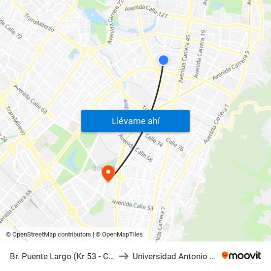 Br. Puente Largo (Kr 53 - Cl 103b) to Universidad Antonio Nariño map
