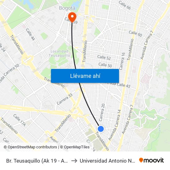 Br. Teusaquillo (Ak 19 - Ac 32) to Universidad Antonio Nariño map