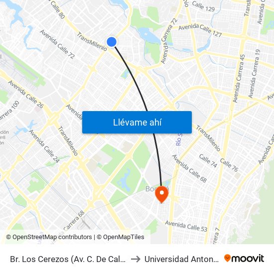 Br. Los Cerezos (Av. C. De Cali - Cl 82a Bis) to Universidad Antonio Nariño map