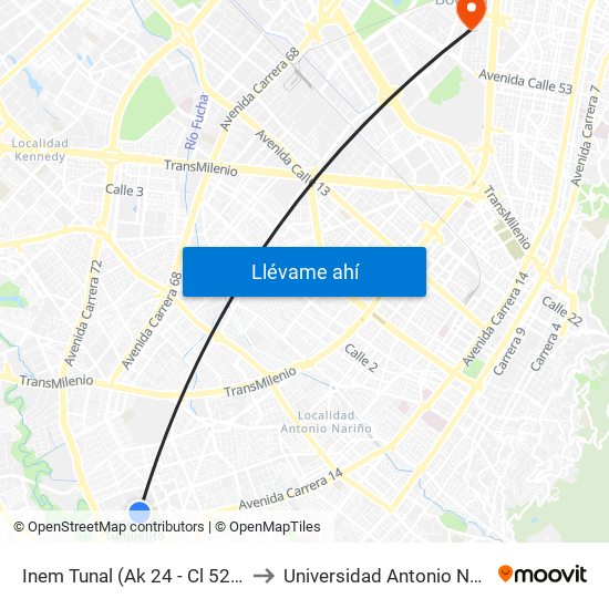 Inem Tunal (Ak 24 - Cl 52 Sur) to Universidad Antonio Nariño map