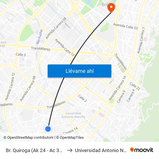 Br. Quiroga (Ak 24 - Ac 36 Sur) to Universidad Antonio Nariño map