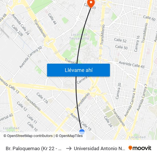 Br. Paloquemao (Kr 22 - Cl 18) to Universidad Antonio Nariño map