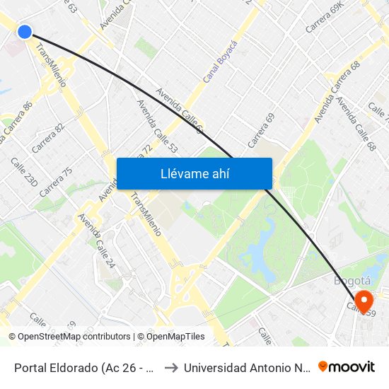 Portal Eldorado (Ac 26 - Tv 93) to Universidad Antonio Nariño map