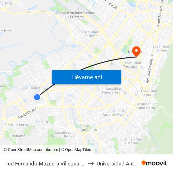 Ied Fernando Mazuera Villegas (Cl 68a Sur - Tv 80f) to Universidad Antonio Nariño map