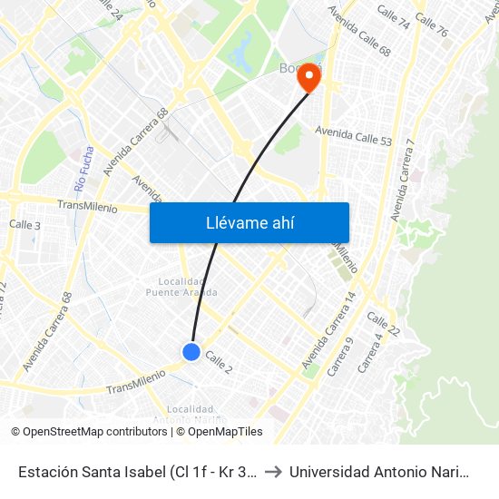 Estación Santa Isabel (Cl 1f - Kr 31) to Universidad Antonio Nariño map