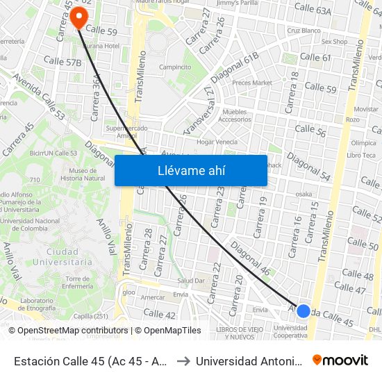 Estación Calle 45 (Ac 45 - Av. Caracas) to Universidad Antonio Nariño map