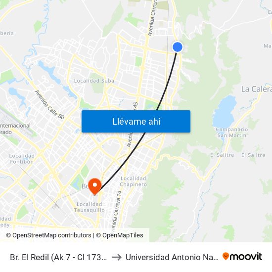 Br. El Redil (Ak 7 - Cl 173) (A) to Universidad Antonio Nariño map