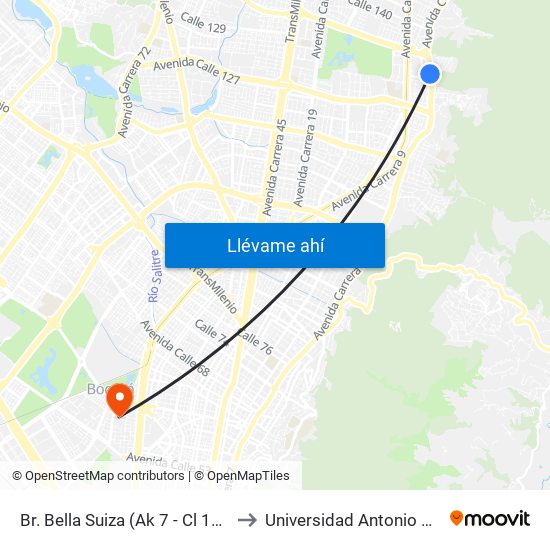 Br. Bella Suiza (Ak 7 - Cl 129) (A) to Universidad Antonio Nariño map