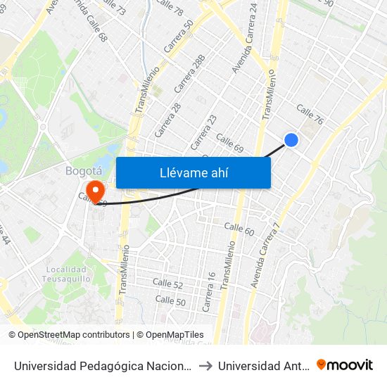 Universidad Pedagógica Nacional (Ak 11 - Ac 72) (A) to Universidad Antonio Nariño map
