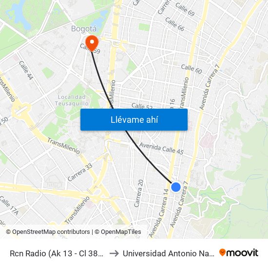 Rcn Radio (Ak 13 - Cl 38) (A) to Universidad Antonio Nariño map