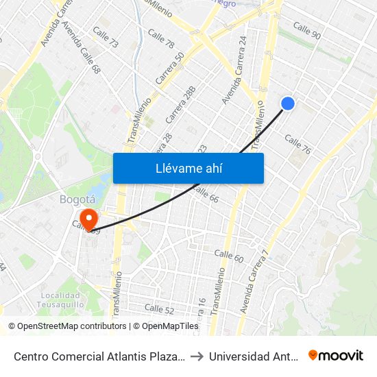 Centro Comercial Atlantis Plaza (Ak 15 - Cl 80) (A) to Universidad Antonio Nariño map