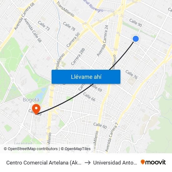 Centro Comercial Artelana (Ak 15 - Cl 86a) (A) to Universidad Antonio Nariño map
