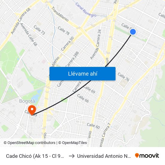 Cade Chicó (Ak 15 - Cl 90) (A) to Universidad Antonio Nariño map