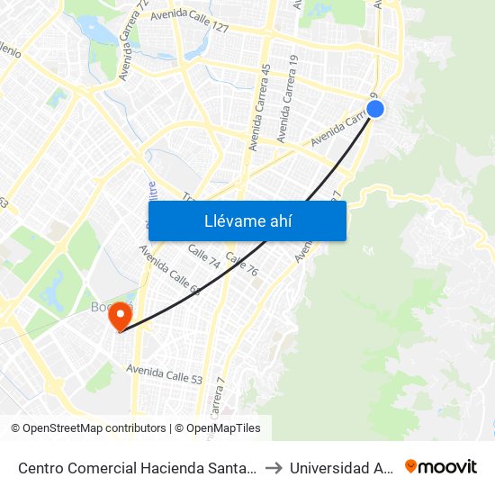 Centro Comercial Hacienda Santa Bárbara (Ak 7 - Cl 114) (A) to Universidad Antonio Nariño map