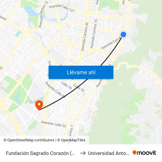 Fundación Sagrado Corazón (Ak 7 - Cl 116) (A) to Universidad Antonio Nariño map