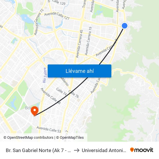 Br. San Gabriel Norte (Ak 7 - Cl 127) (A) to Universidad Antonio Nariño map
