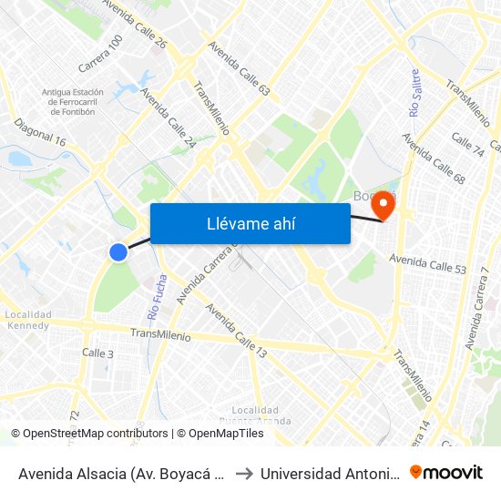 Avenida Alsacia (Av. Boyacá - Cl 11a) (A) to Universidad Antonio Nariño map