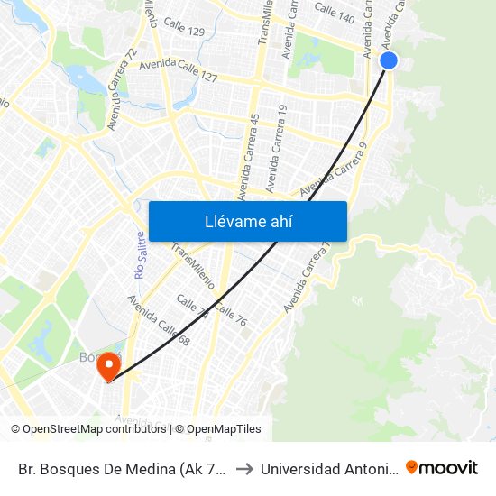 Br. Bosques De Medina (Ak 7 - Cl 132) (A) to Universidad Antonio Nariño map