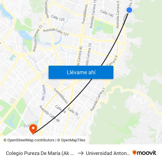 Colegio Pureza De María (Ak 7 - Cl 147) (A) to Universidad Antonio Nariño map