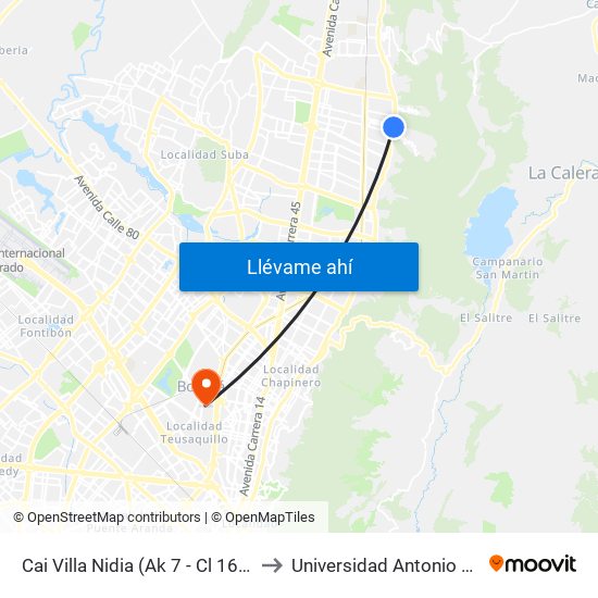 Cai Villa Nidia (Ak 7 - Cl 162a) (A) to Universidad Antonio Nariño map
