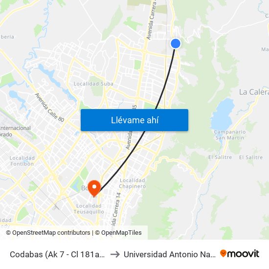 Codabas (Ak 7 - Cl 181a) (A) to Universidad Antonio Nariño map