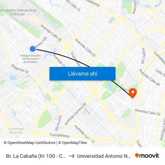 Br. La Cabaña (Kr 100 - Cl 22i) to Universidad Antonio Nariño map