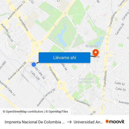 Imprenta Nacional De Colombia (Av. Esperanza - Kr 65) to Universidad Antonio Nariño map