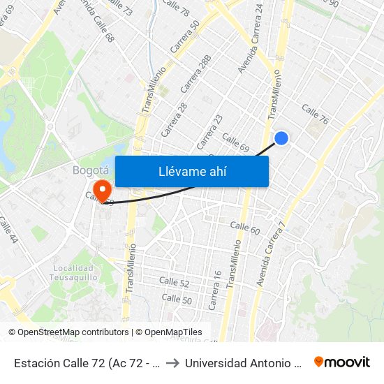 Estación Calle 72 (Ac 72 - Kr 13) to Universidad Antonio Nariño map